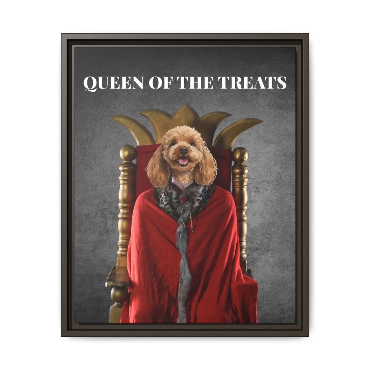 Custom Dog Canvas, Queen of the Treats artwork with dark brown frame