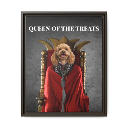 Custom Dog Canvas, Queen of the Treats artwork with dark brown frame