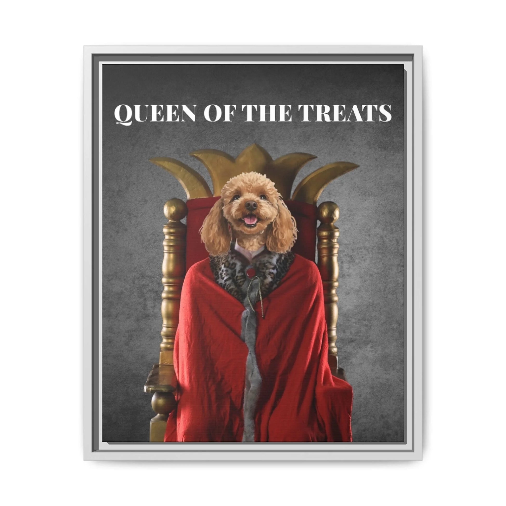 Custom Dog Canvas, Queen of the Treats, white frame version