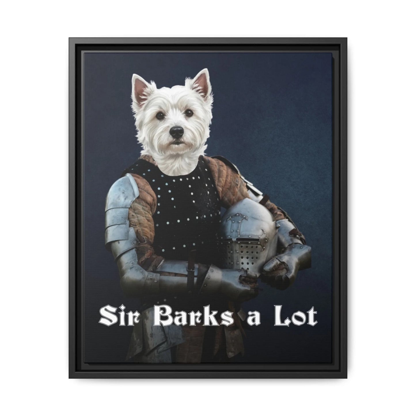 Custom Dog Canvas, Sir Barks a Lot design with black frame