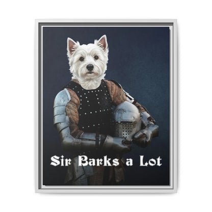 Custom Dog Canvas, Sir Barks a Lot design with white frame