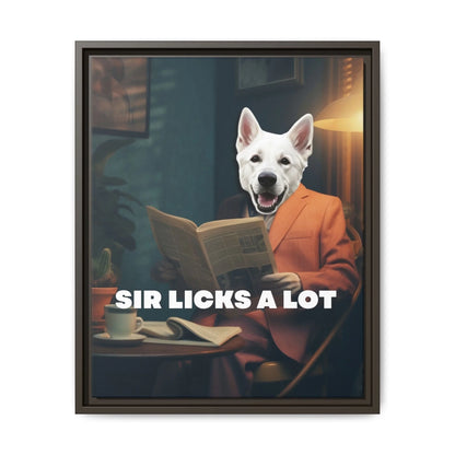 Custom Dog Canvas, Sir Licks a Lot artwork with dark brown frame
