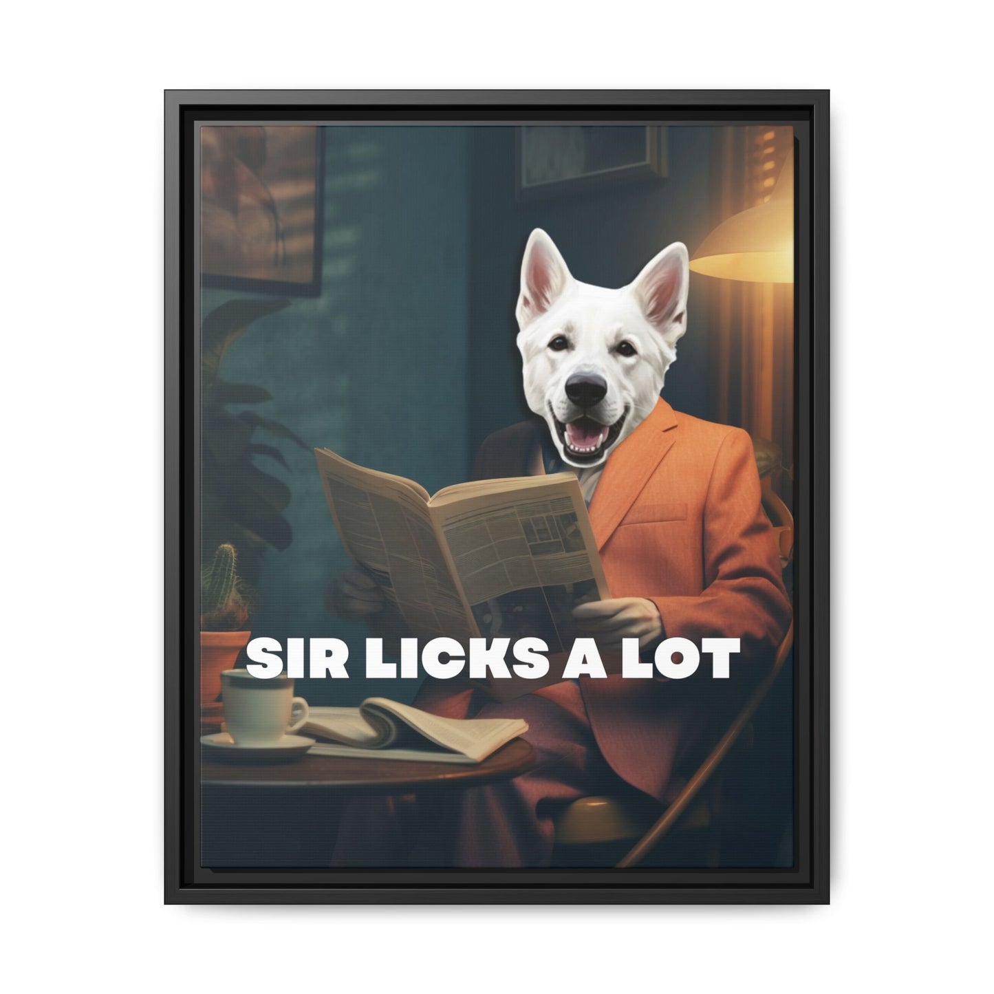 Custom Dog Canvas, Sir Licks a Lot, black frame version
