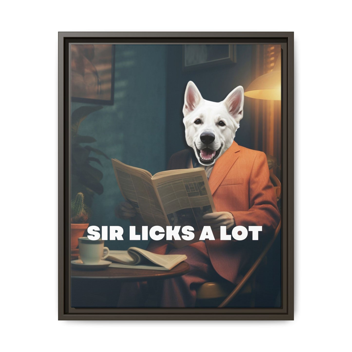 Custom Dog Canvas, Sir Licks a Lot, dark brown frame version