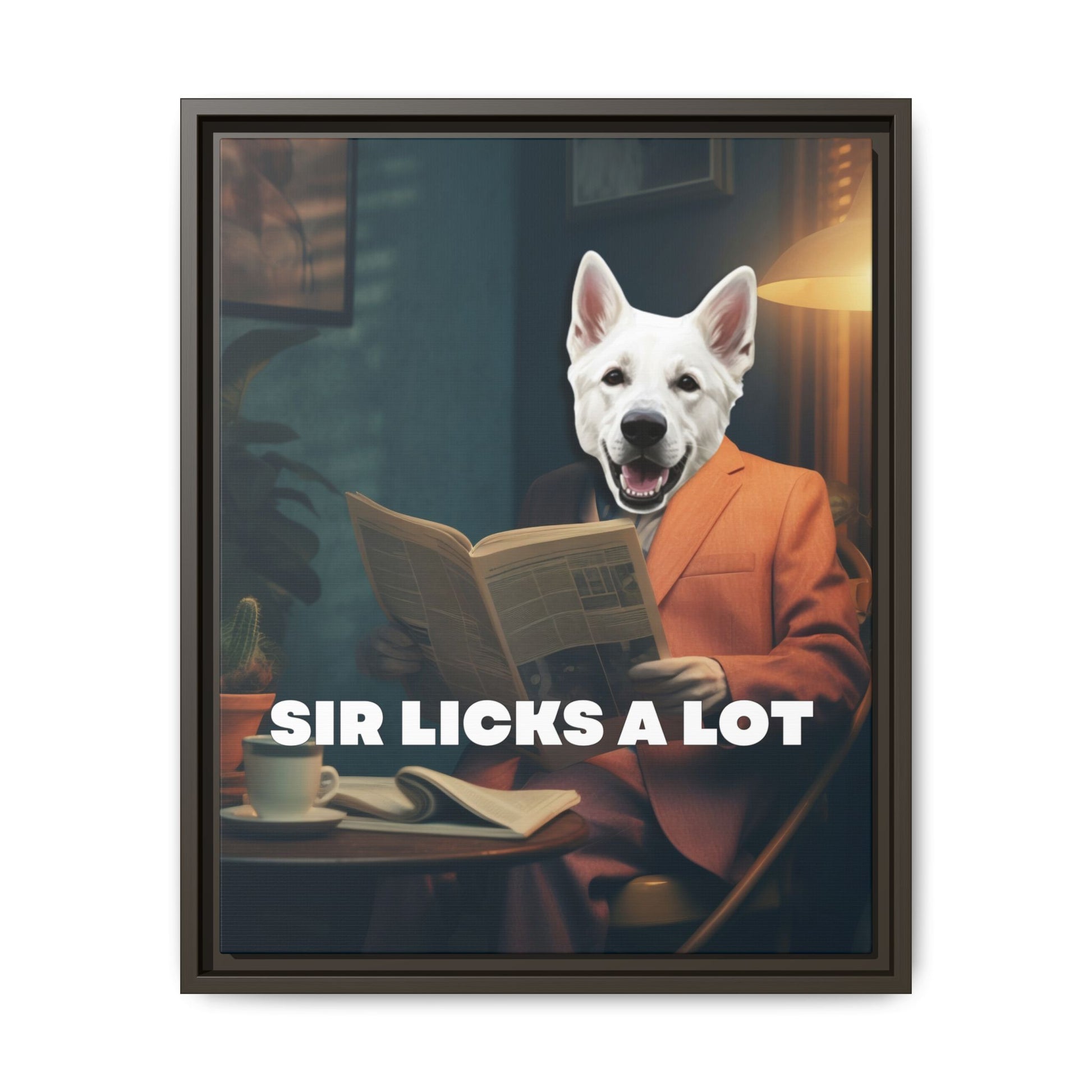 Custom Dog Canvas, Sir Licks a Lot, dark brown frame version