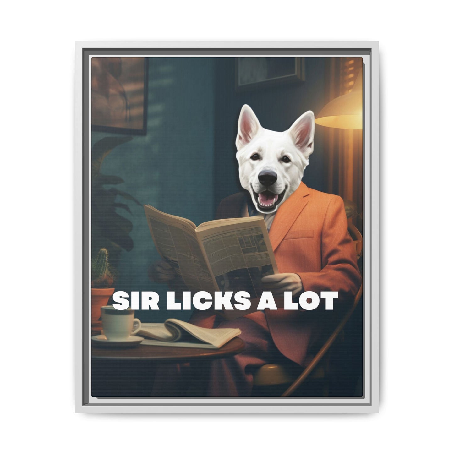 Custom Dog Canvas, Sir Licks a Lot, white frame version