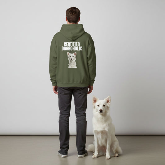 Custom Dog Hoodie, Certified Doggoholic, lifestyle view