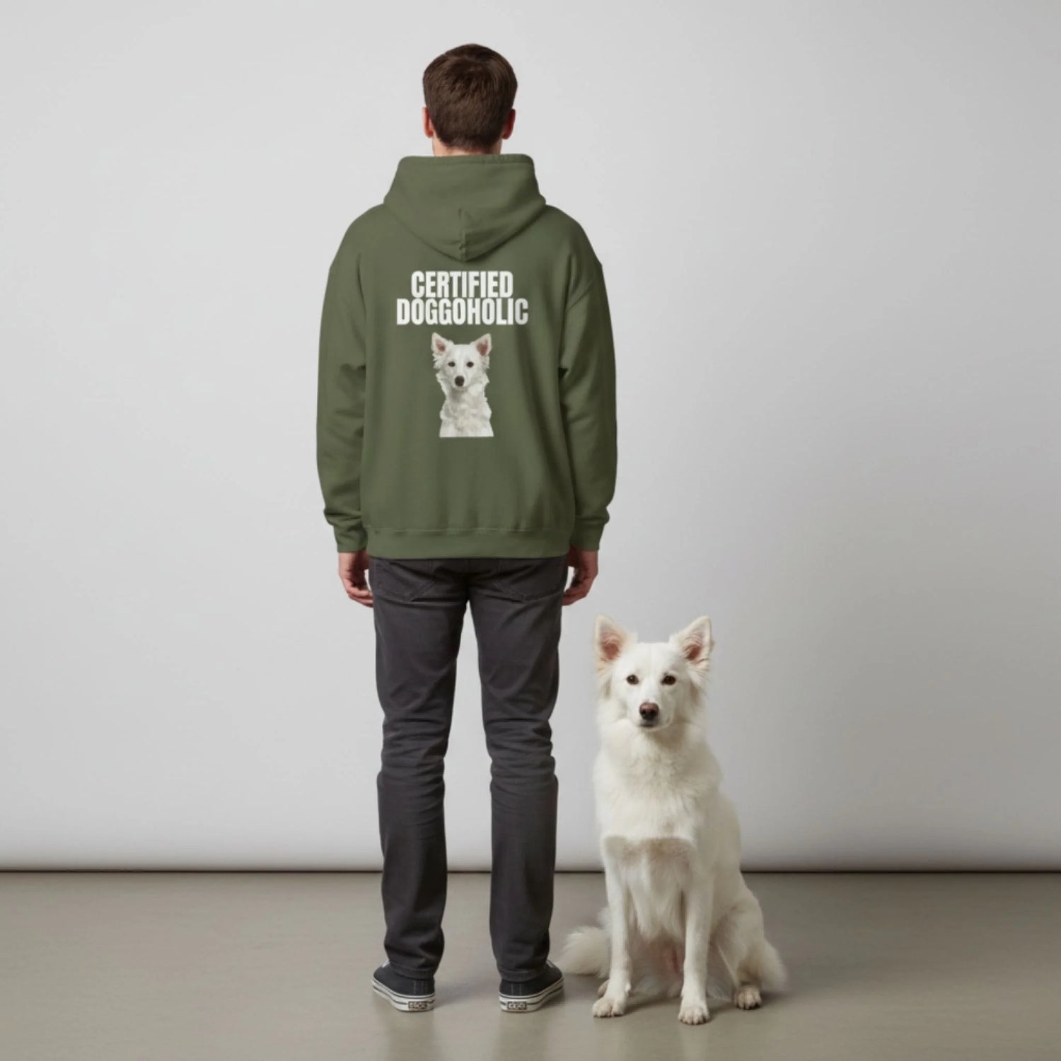 Custom Dog Hoodie, Certified Doggoholic, lifestyle scene with person and dog