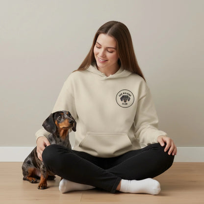 Custom Dog Hoodie, Dog Walking Club, lifestyle scene with person and dog