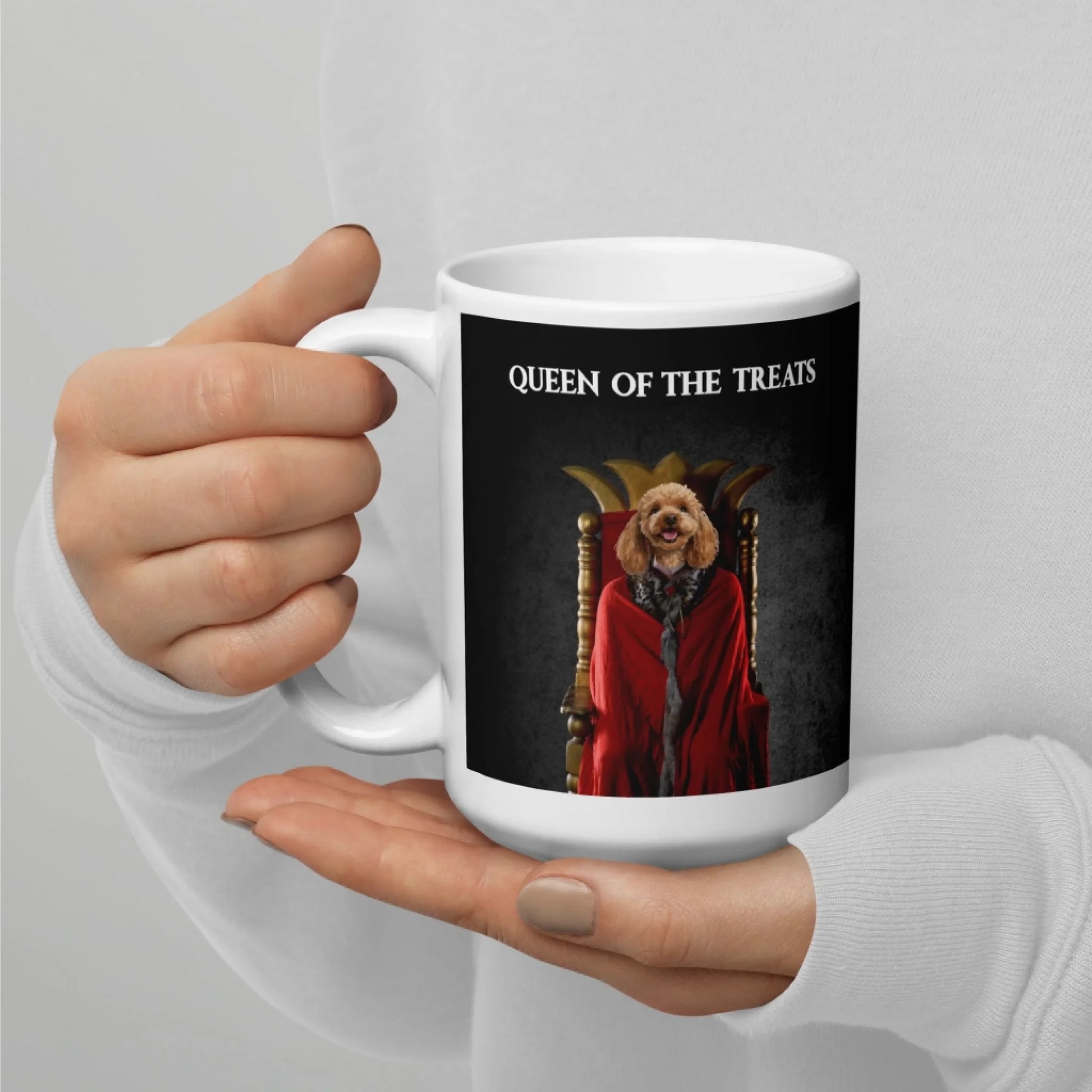 Custom Dog Mug, Queen of the Treats, 15oz lifestyle view