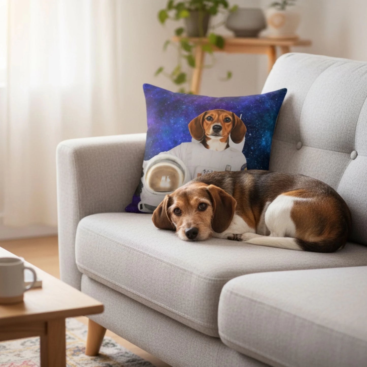 Custom Dog Pillow, Pawstronaut design, couch decor view