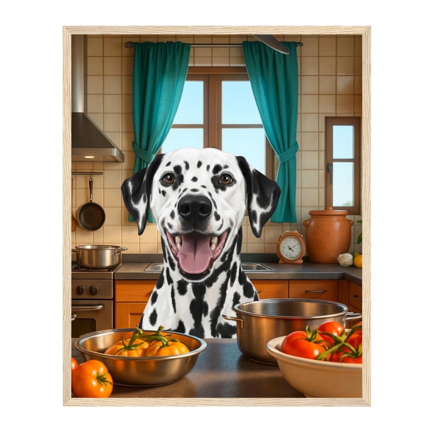 Custom Dog Poster, Cooking Dog, natural brown frame