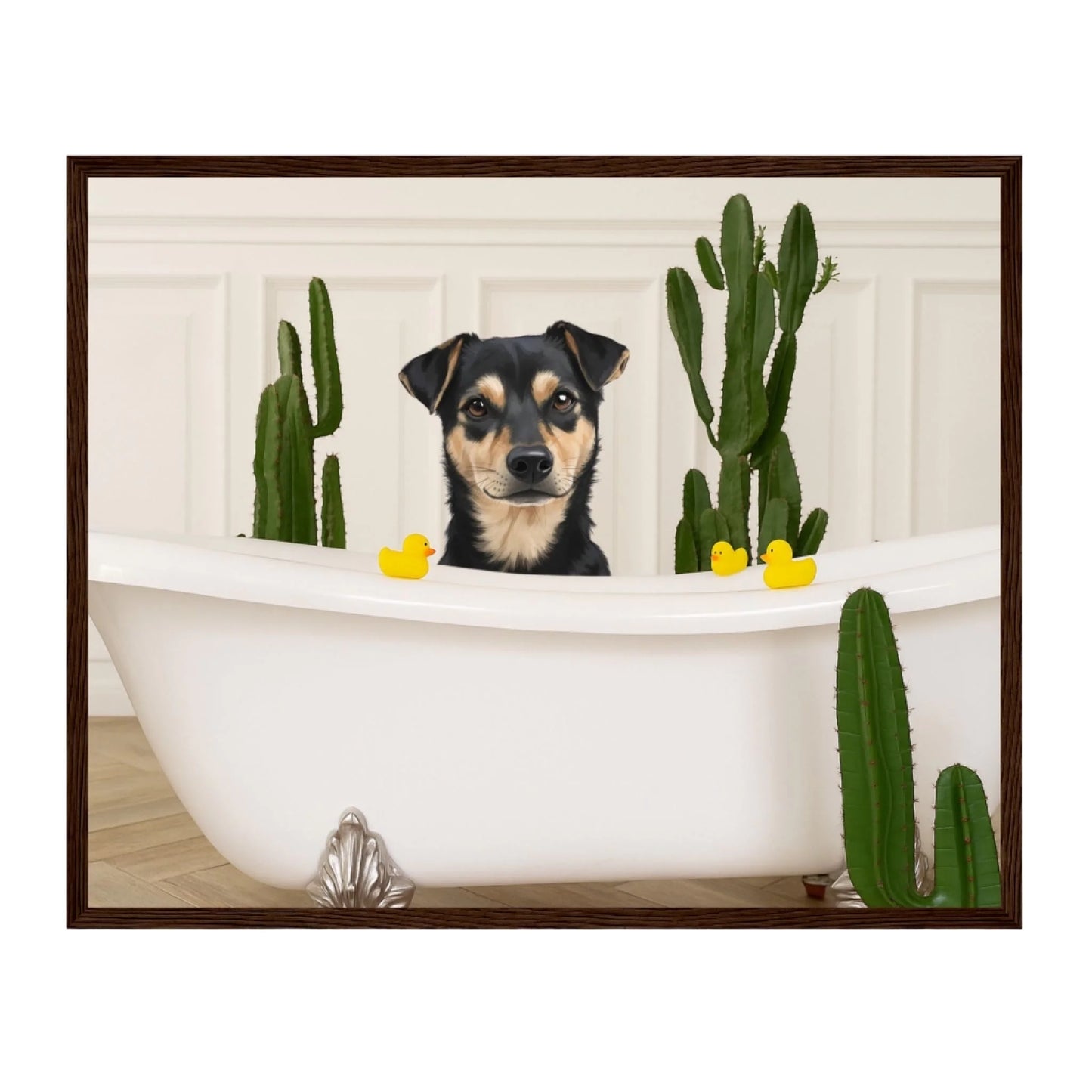 Custom Dog Poster, Dog in Bathtub, dark brown frame