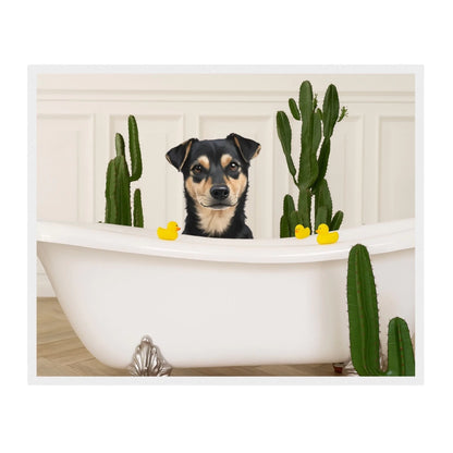 Custom Dog Poster, Dog in Bathtub, white frame