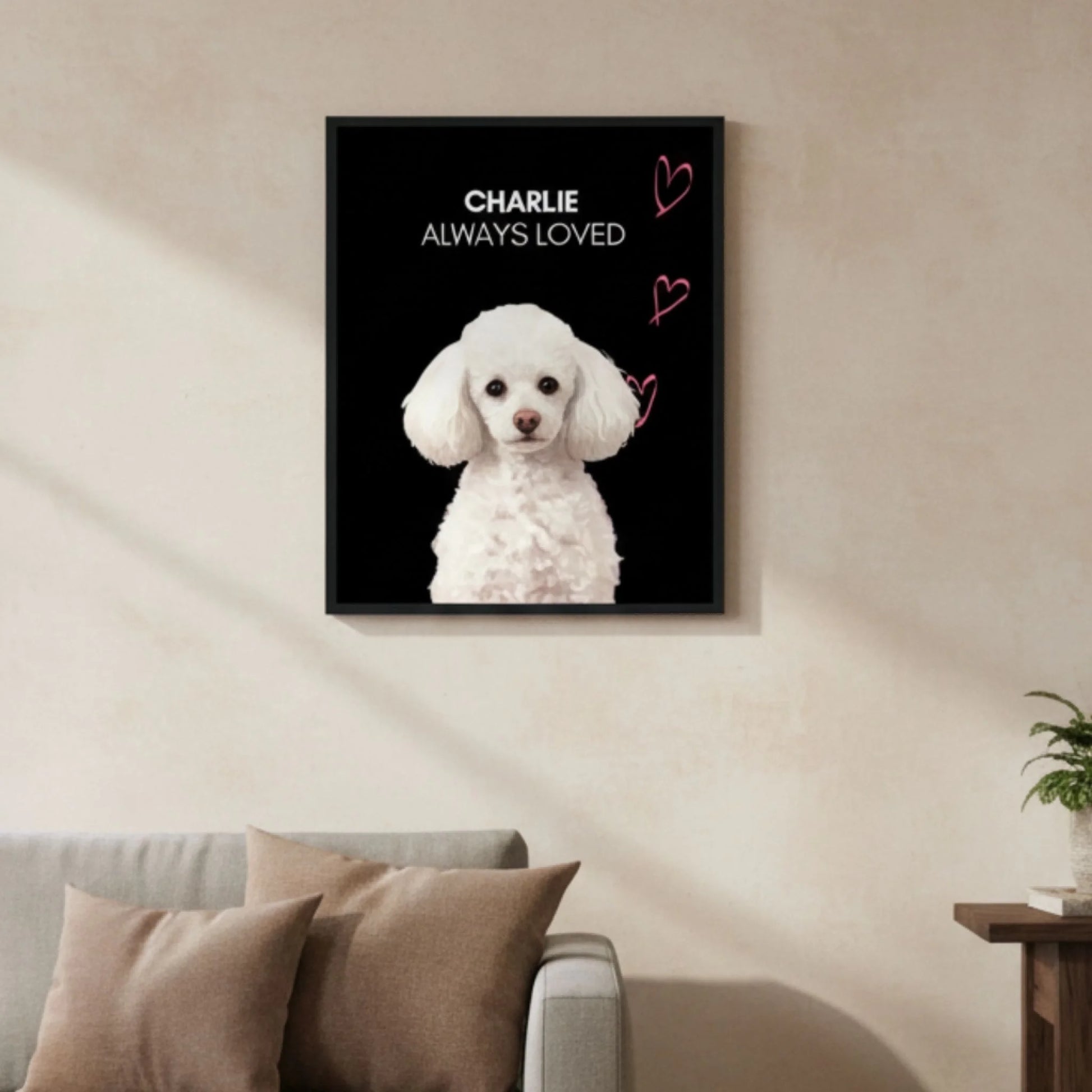 Custom Dog Poster, Memorial Always Loved, lifestyle room view