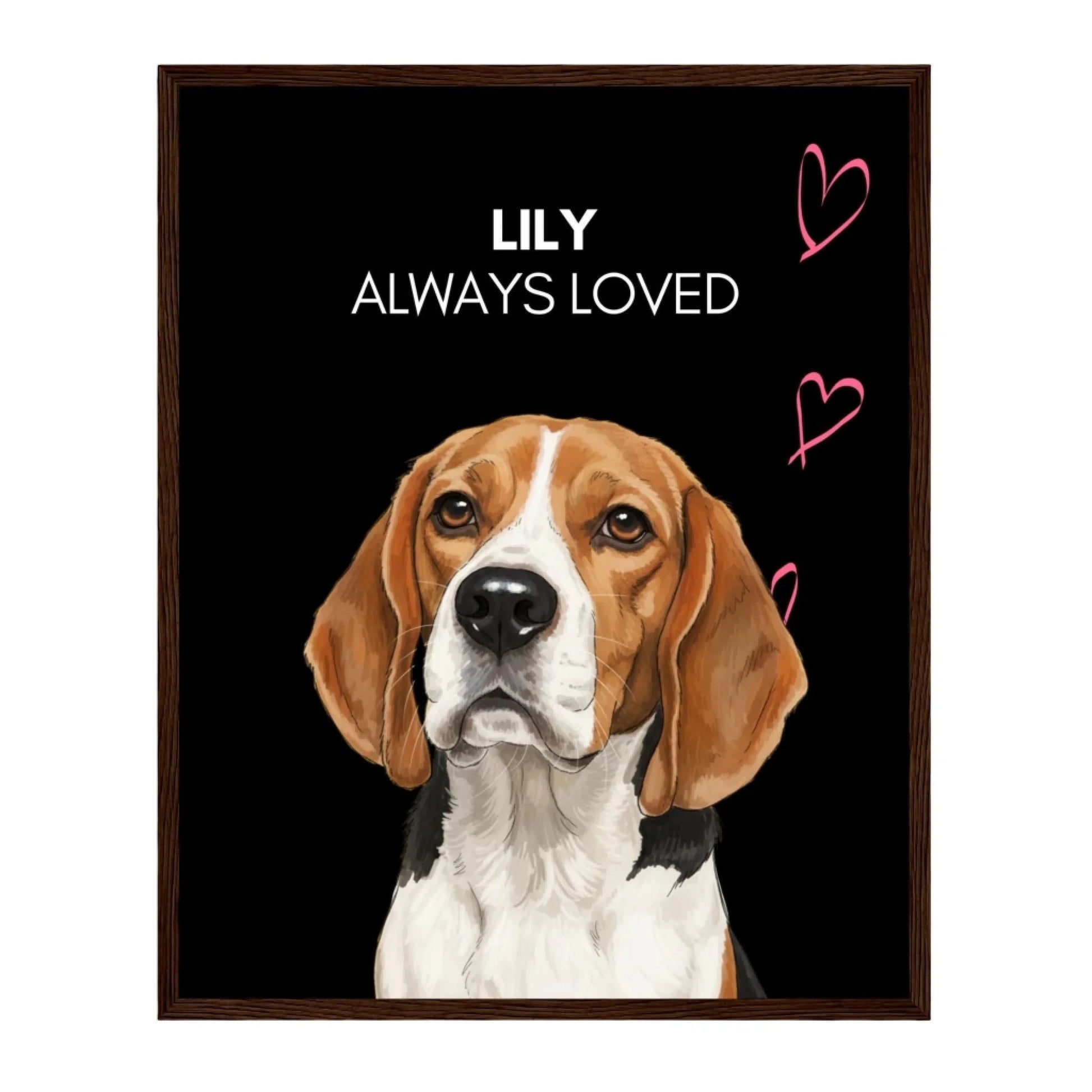 Custom Dog Poster, Memorial Always Loved, dark brown frame version