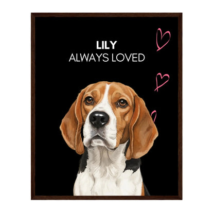 Custom Dog Poster, Memorial Always Loved, dark brown frame version
