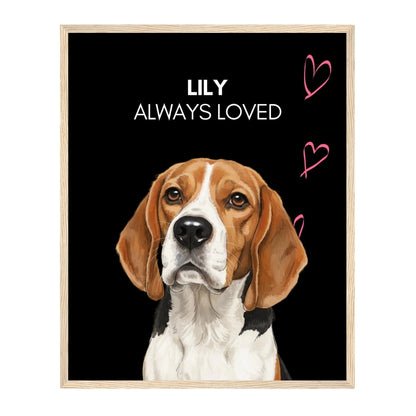Custom Dog Poster, Memorial Always Loved, natural brown frame version