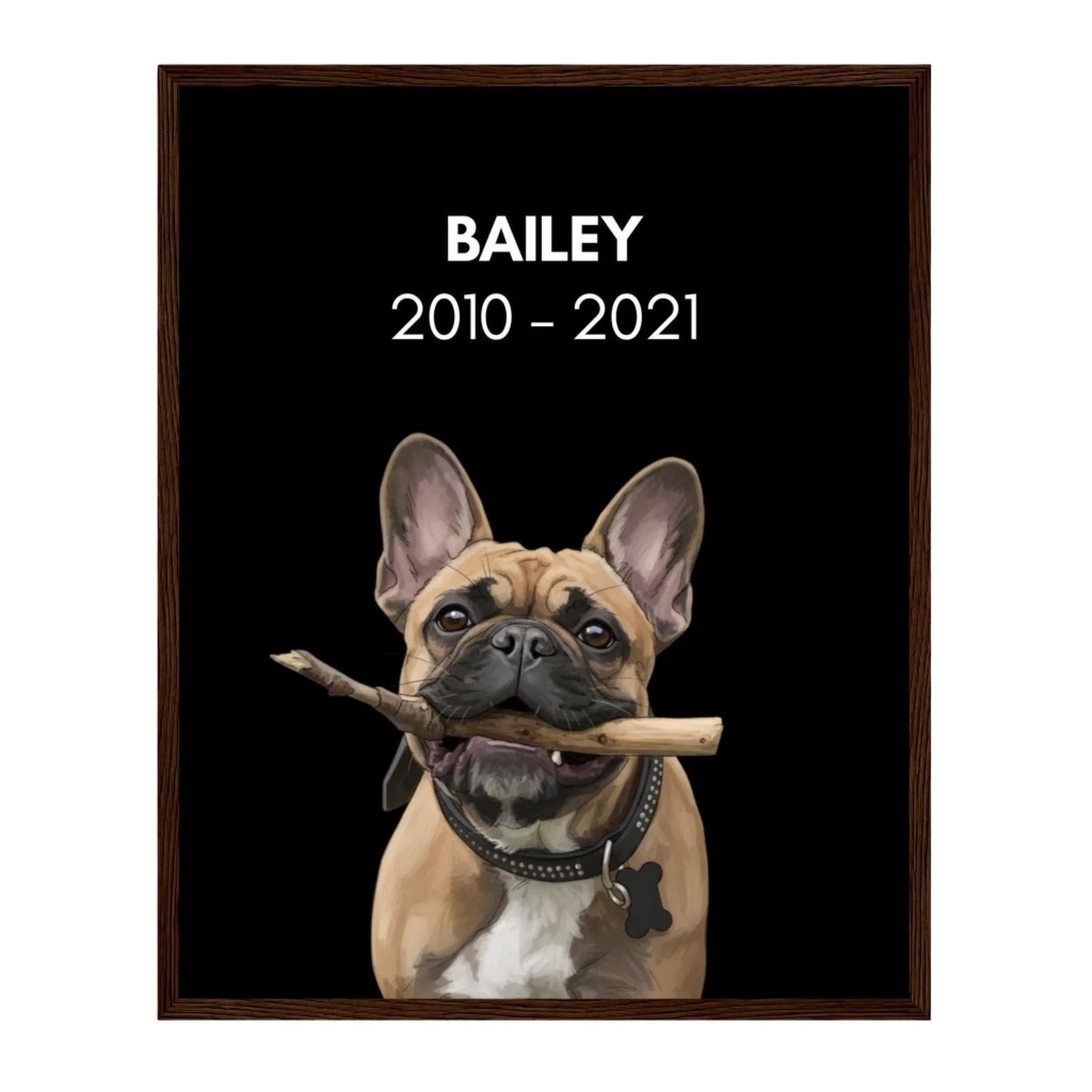 Custom Dog Poster, Memorial with Dates, dark brown frame
