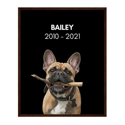 Custom Dog Poster, Memorial with Dates, dark brown frame