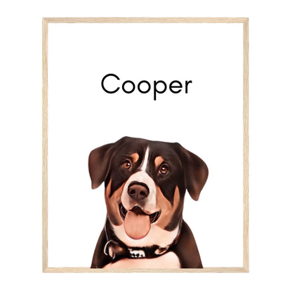 Custom Dog Poster, Painted Dog Portrait 1 Pet, natural brown frame version