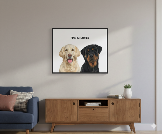 Poster framed of two dogs in a living room hanging on the wall