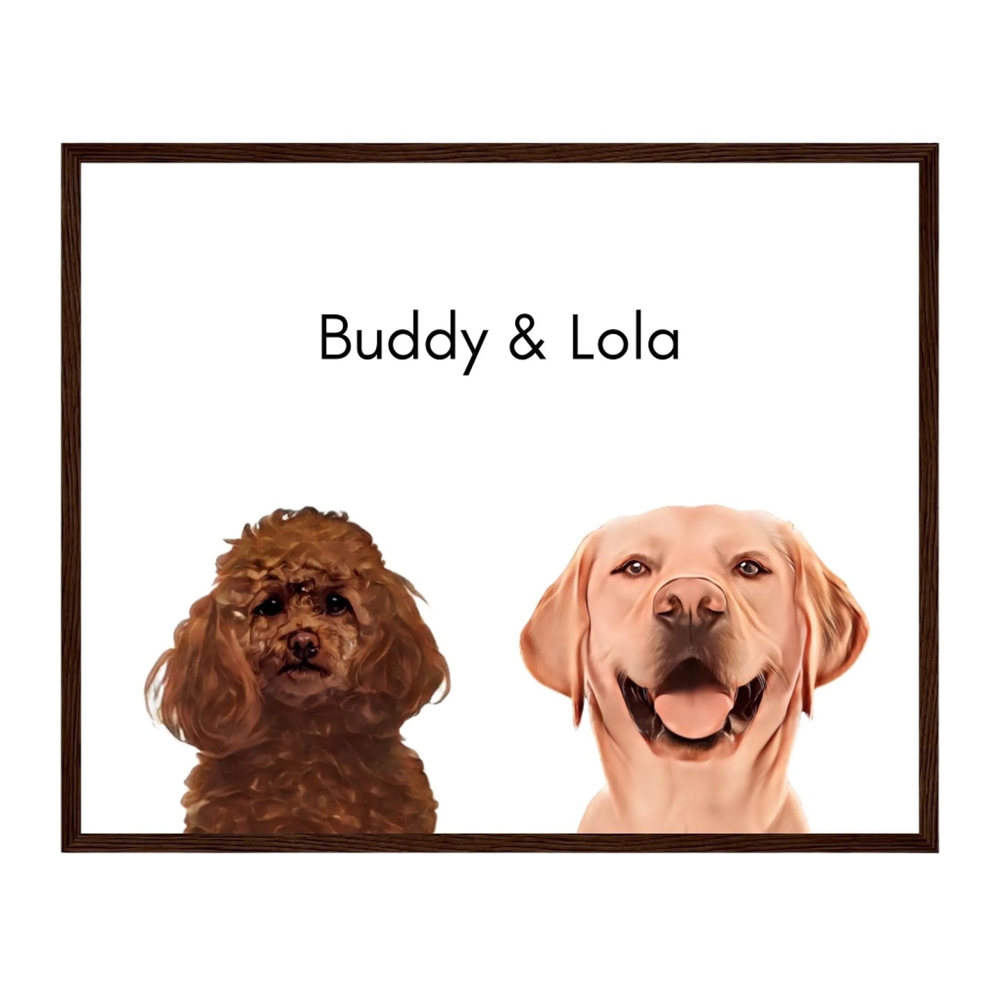 Custom Dog Poster, Painted Dog Portrait 2 Pets, dark brown frame version
