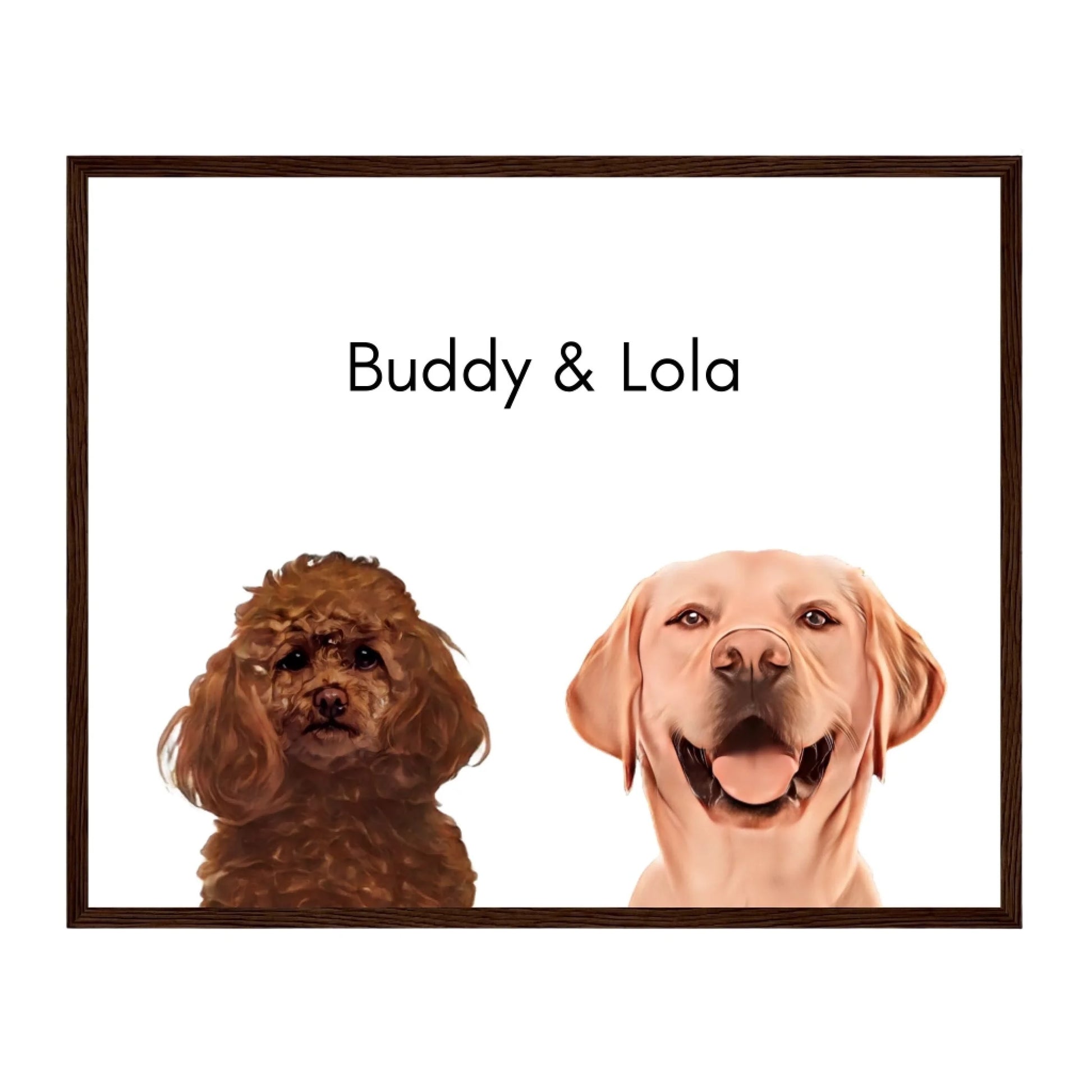 Custom Dog Poster, Painted Dog Portrait 2 Pets, dark brown frame version