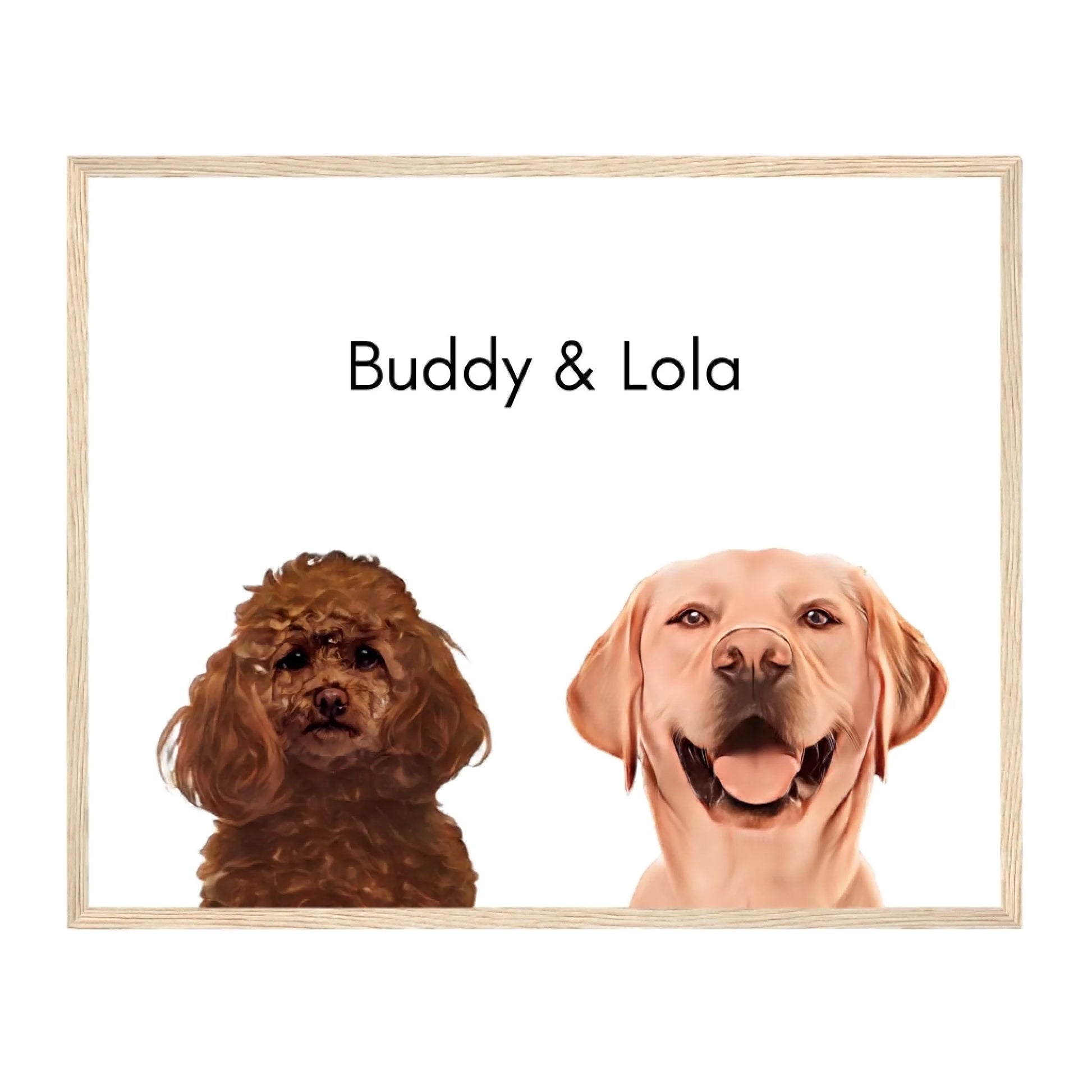 Custom Dog Poster, Painted Dog Portrait 2 Pets, natural brown frame version