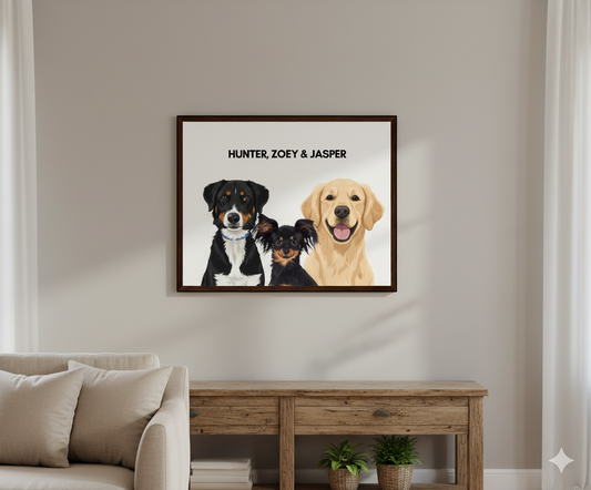 Custom Dog Poster, Painted Dog Portrait 3 Pets, lifestyle room view