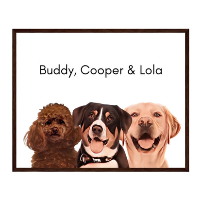 Custom Dog Poster, Painted Dog Portrait 3 Pets, dark brown frame version