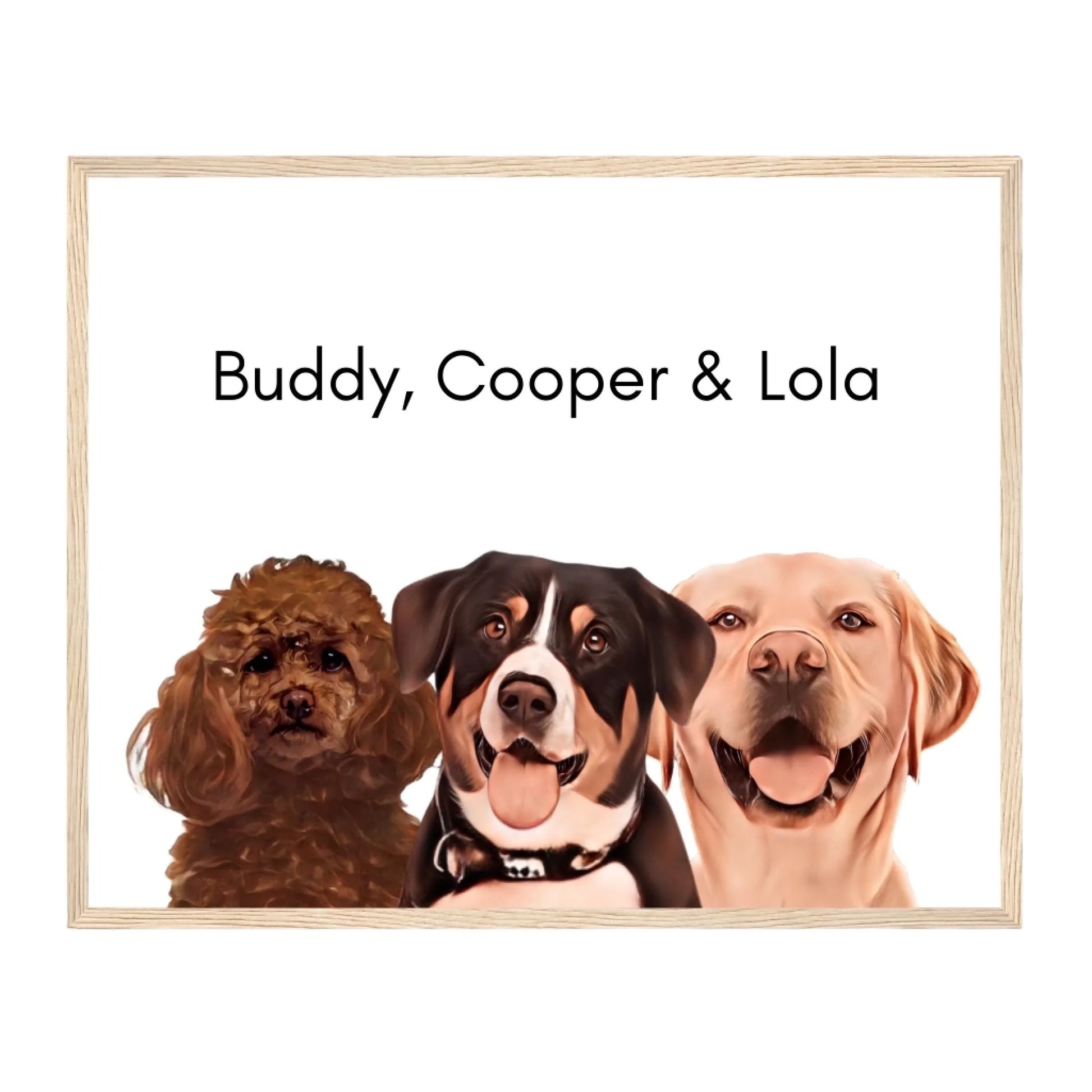 Custom Dog Poster, Painted Dog Portrait 3 Pets, natural brown frame version
