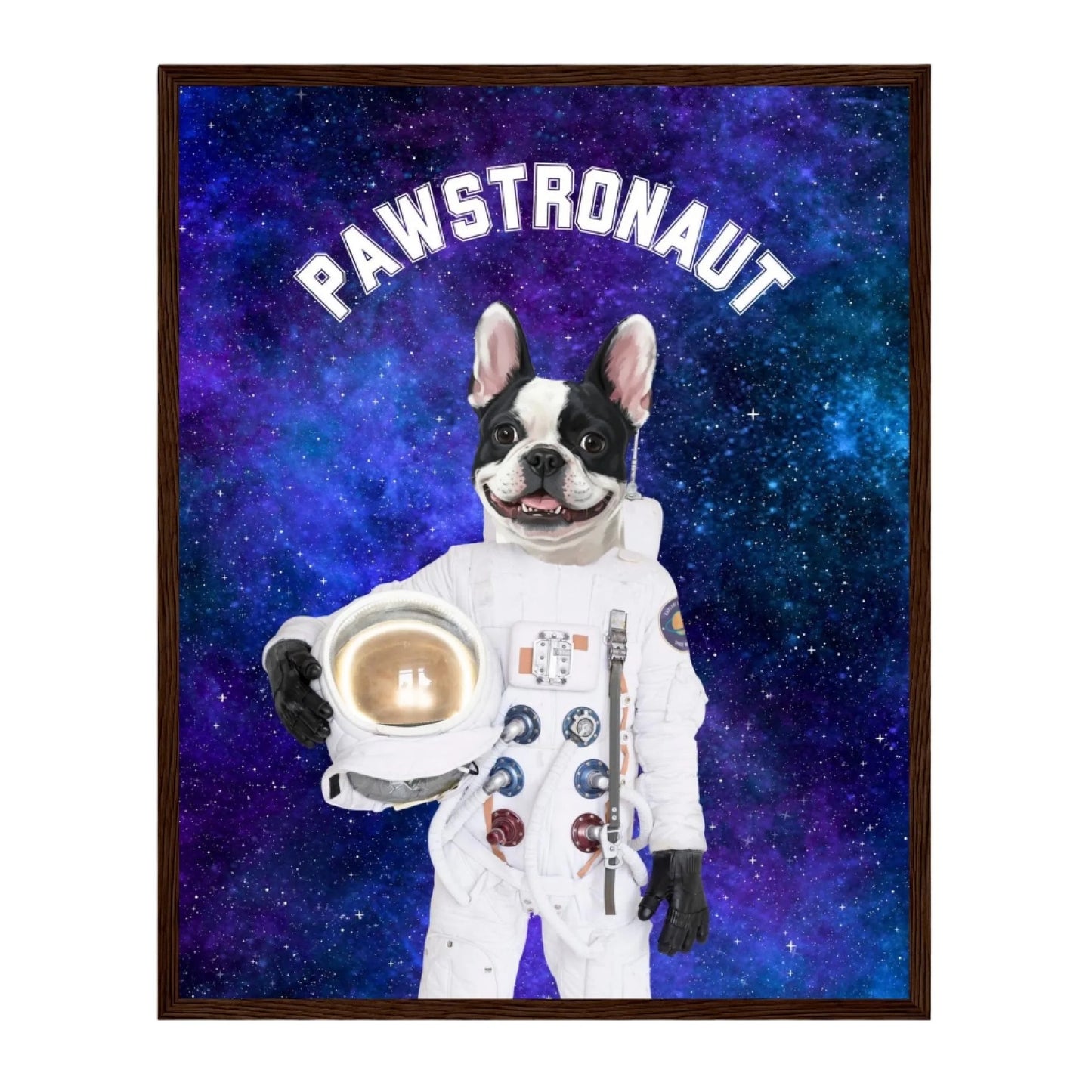 Custom Dog Poster, Pawstronaut artwork with dark brown frame