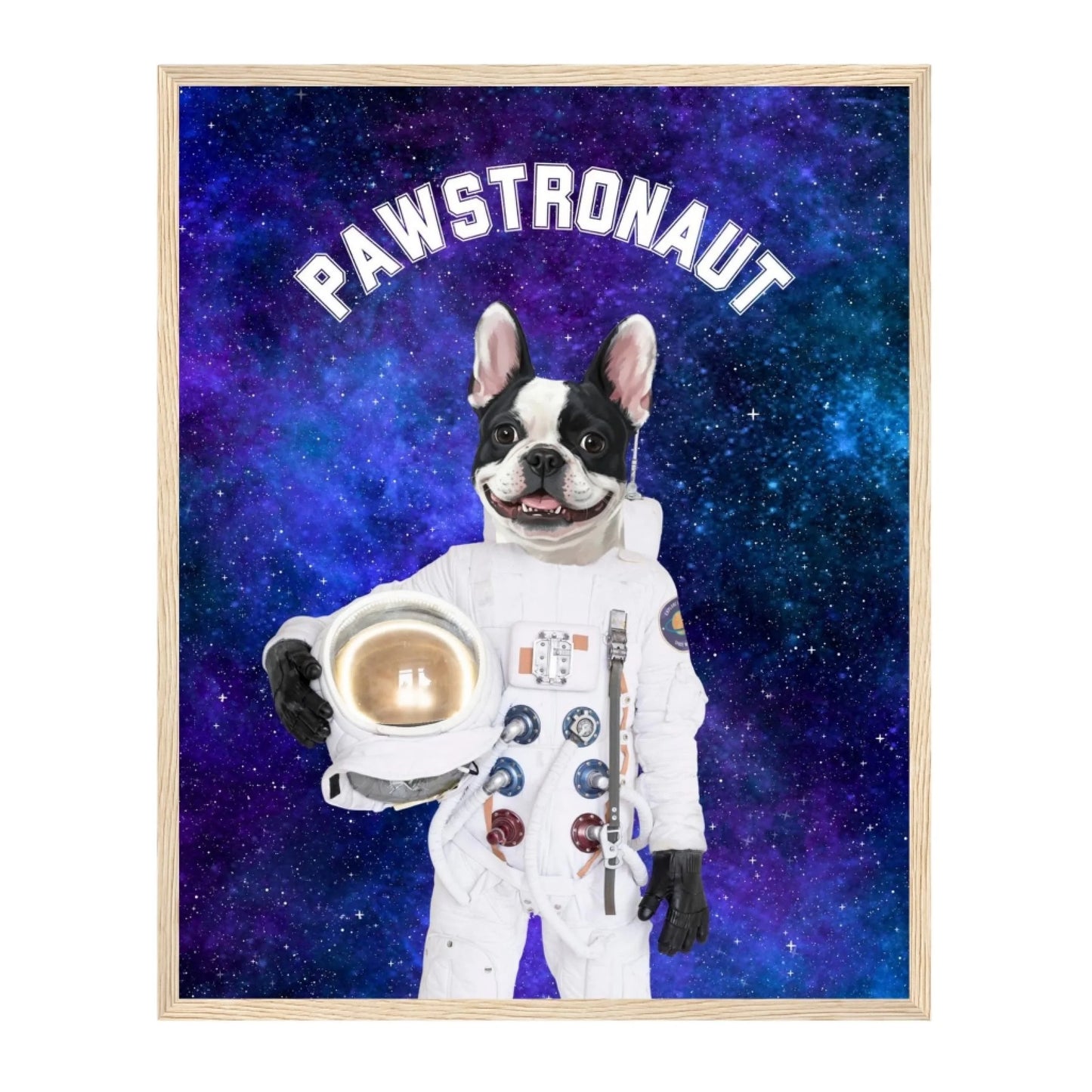 Custom Dog Poster, Pawstronaut artwork with natural brown frame