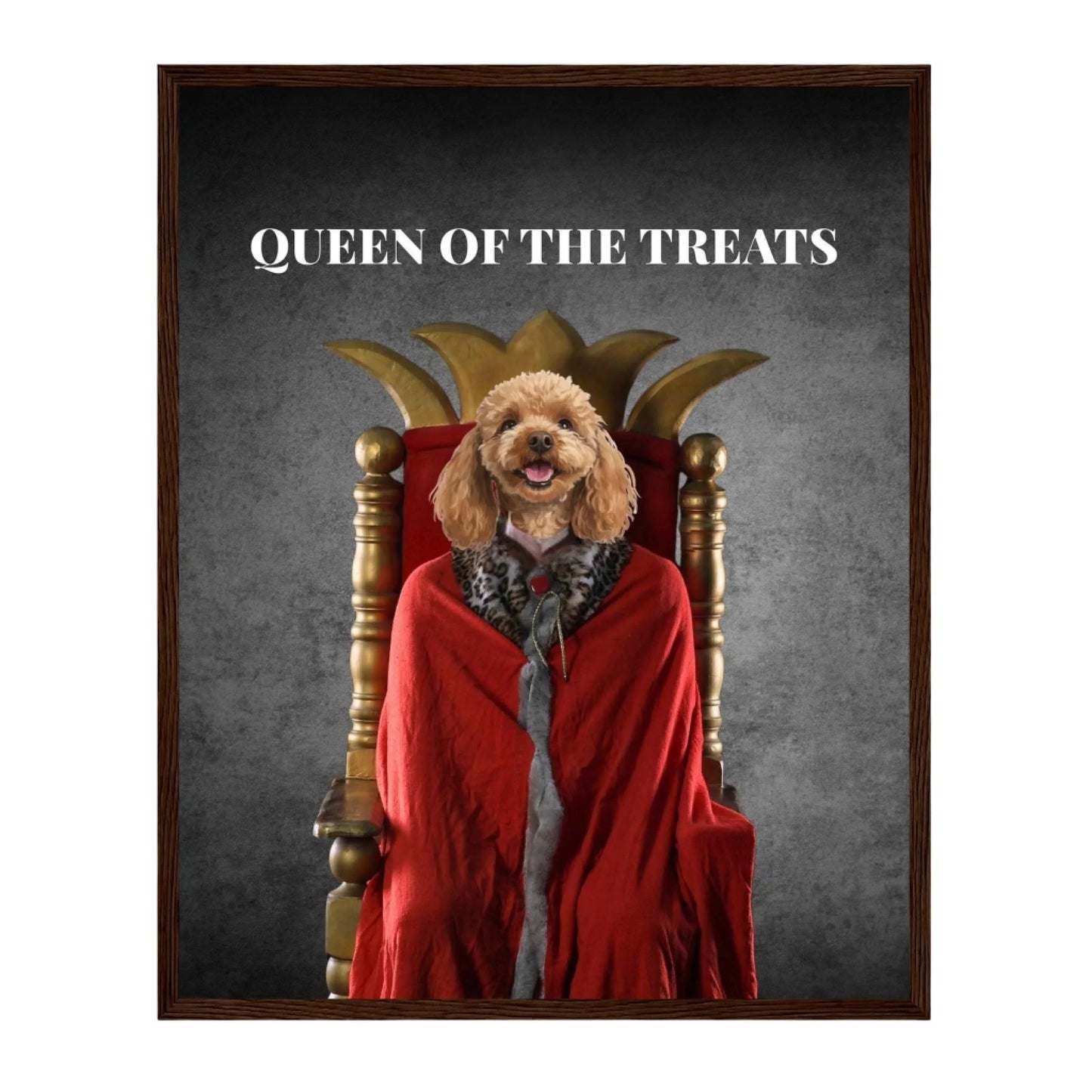 Custom Dog Poster, Queen of the Treats, dark brown frame version