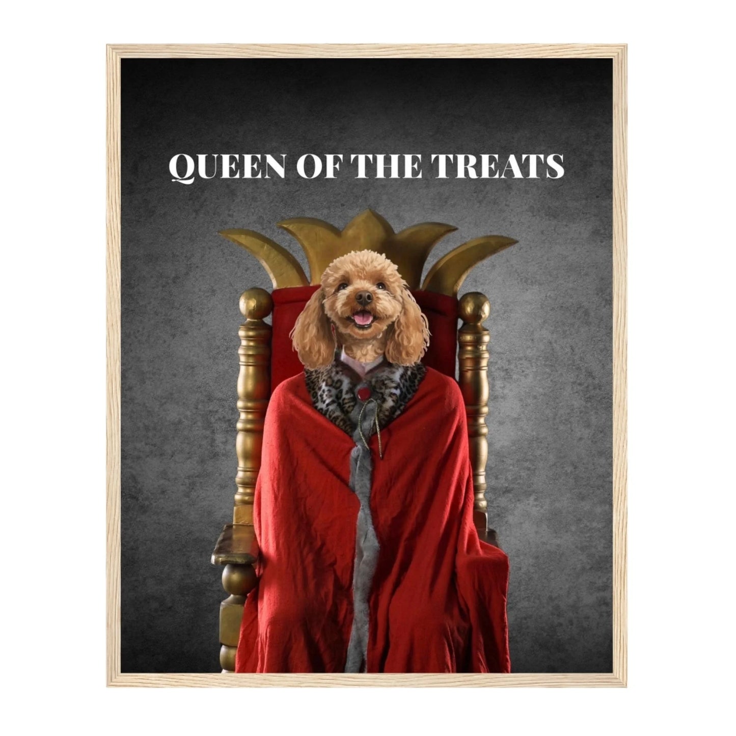 Custom Dog Poster, Queen of the Treats, natural brown frame version