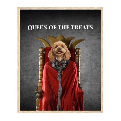 Custom Dog Poster, Queen of the Treats, natural brown frame version