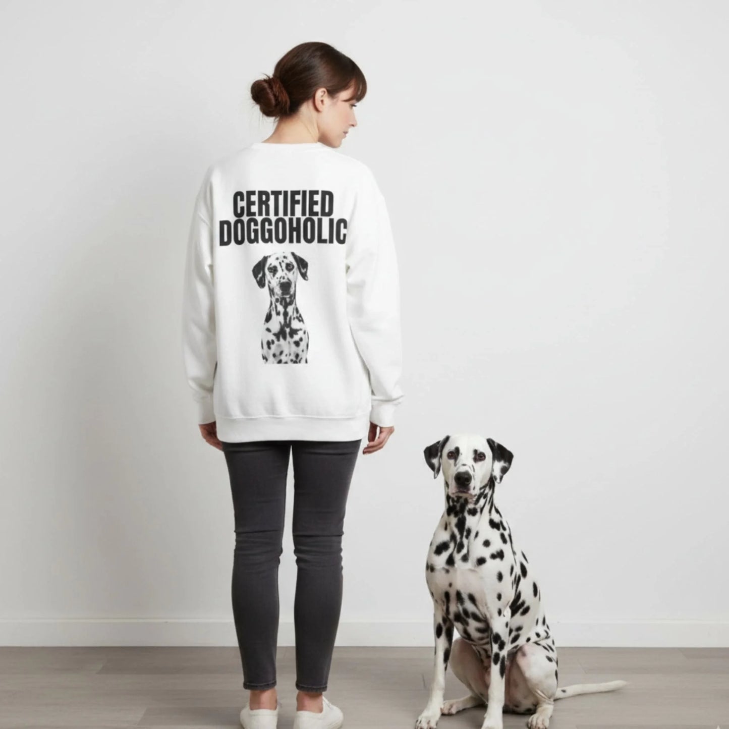 Custom Dog Sweatshirt, Certified Doggoholic, lifestyle scene with person and dog