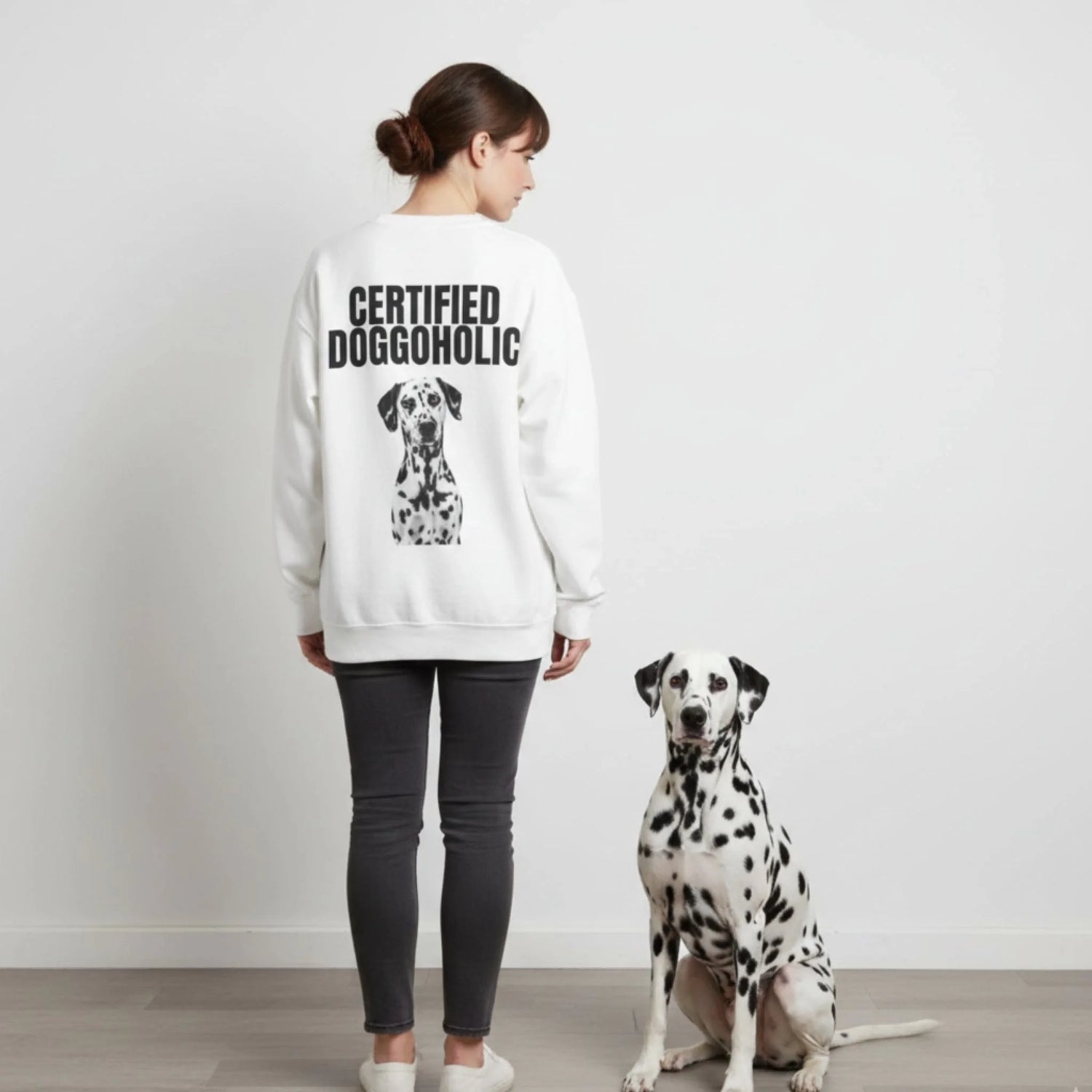 Custom Dog Sweatshirt, Certified Doggoholic, lifestyle scene with person and dog