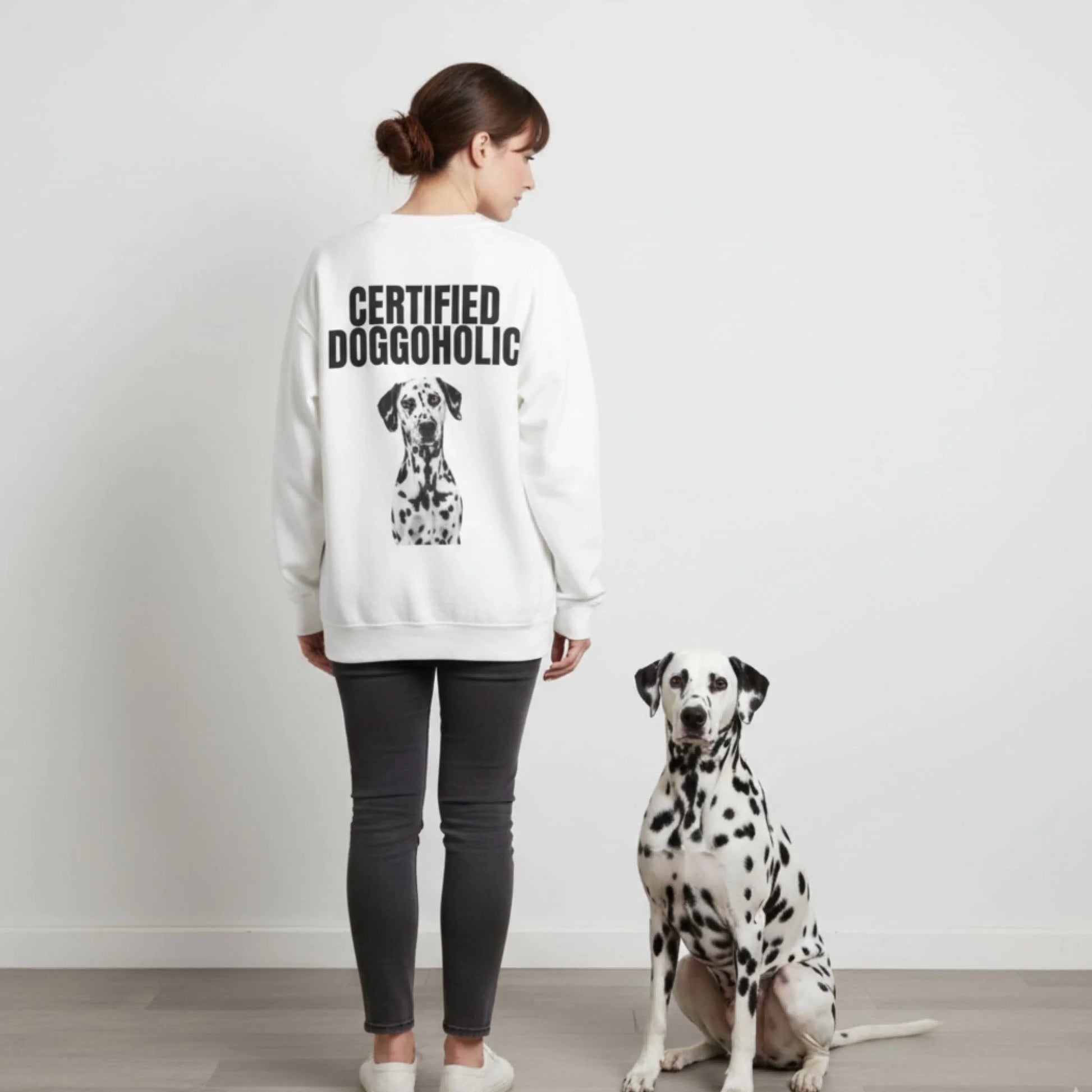 Custom Dog Sweatshirt, Certified Doggoholic, lifestyle scene with person and dog