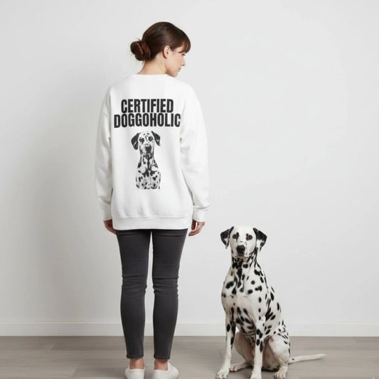 Custom Dog Sweatshirt, Certified Doggoholic, lifestyle scene with person and dog