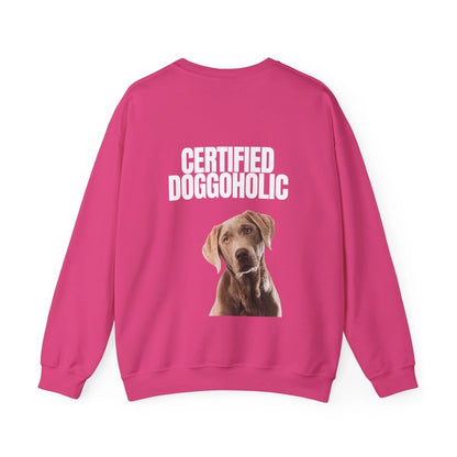 Custom Dog Sweatshirt, Certified Doggoholic, heliconia version