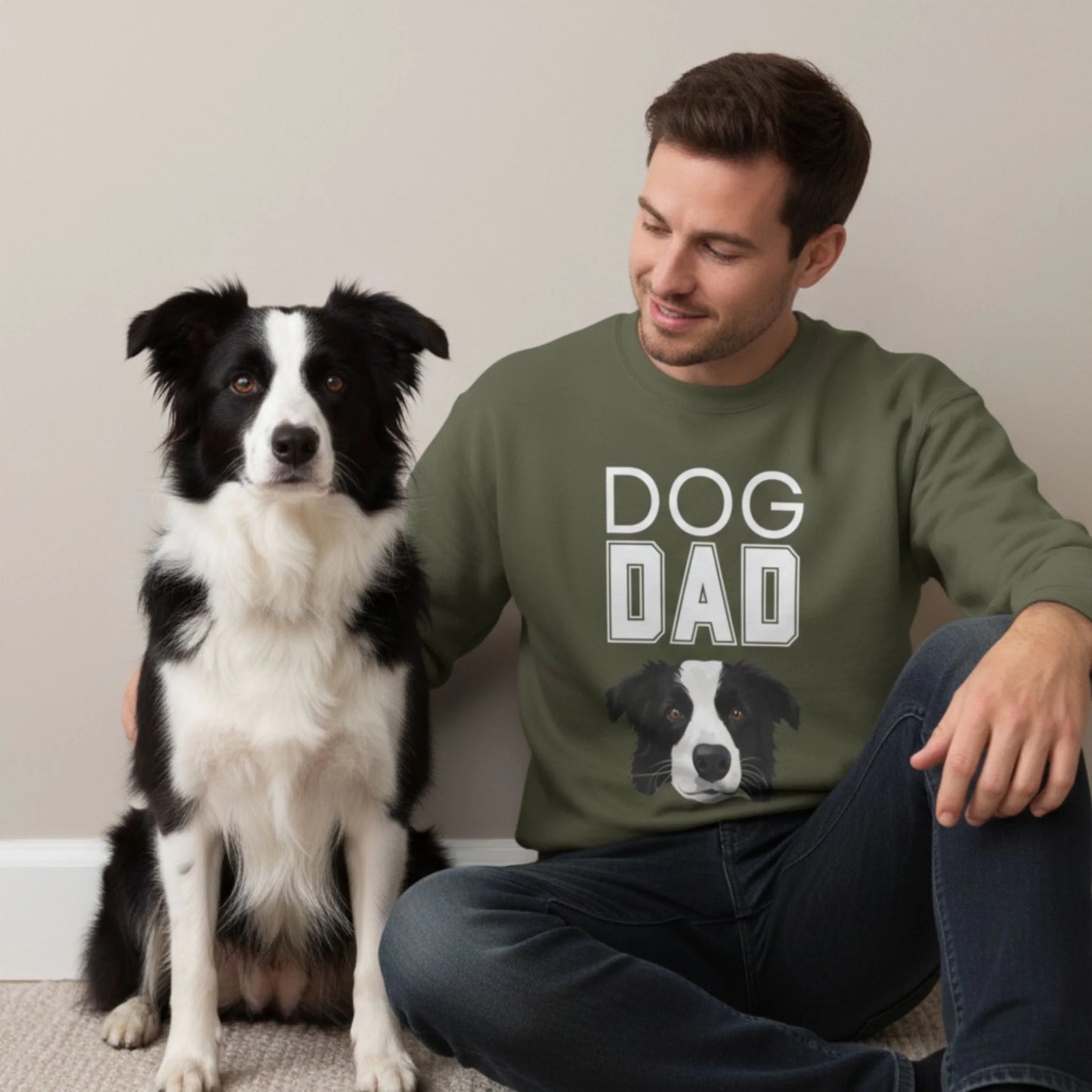 Custom Dog Sweatshirt, Dog Dad, lifestyle scene with person and dog