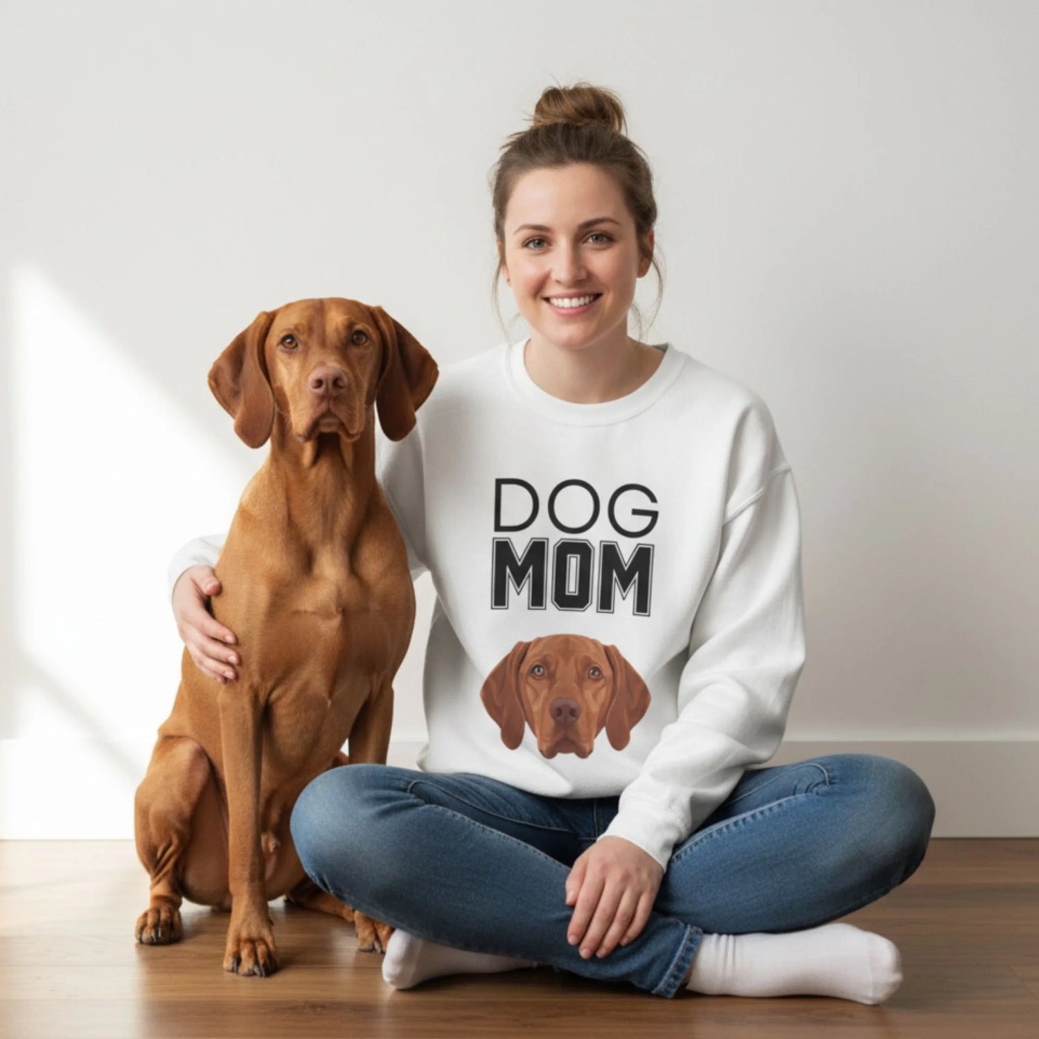 Custom Dog Sweatshirt, Dog Mom, lifestyle scene with person and dog
