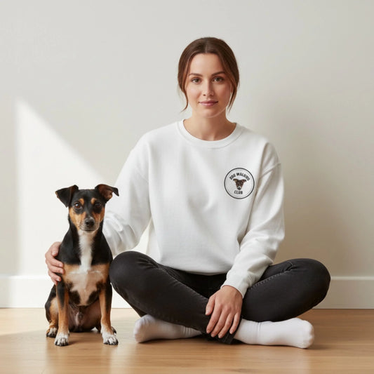 Custom Dog Sweatshirt, Dog Walking Club, lifestyle scene with person and dog