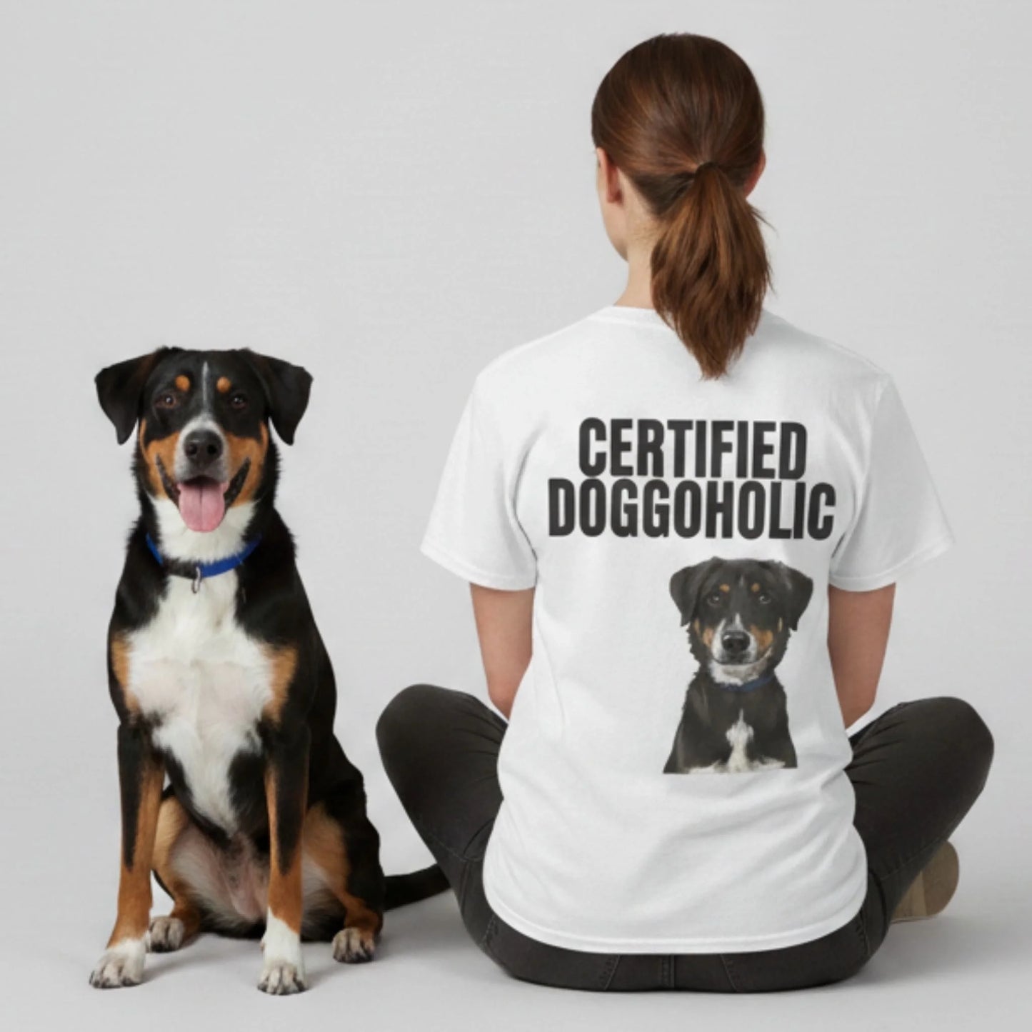 Custom Dog Tee Shirt, Certified Doggoholic, lifestyle scene with person and dog