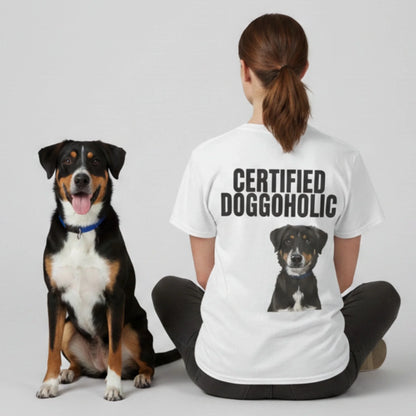 Custom Dog Tee Shirt, Certified Doggoholic, lifestyle scene with person and dog