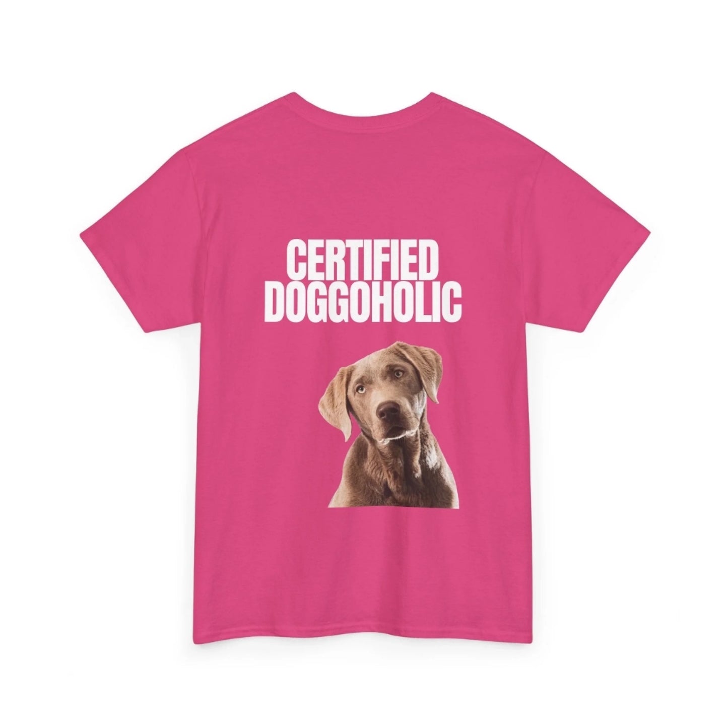 Custom Dog Tee Shirt, Certified Doggoholic, heliconia version