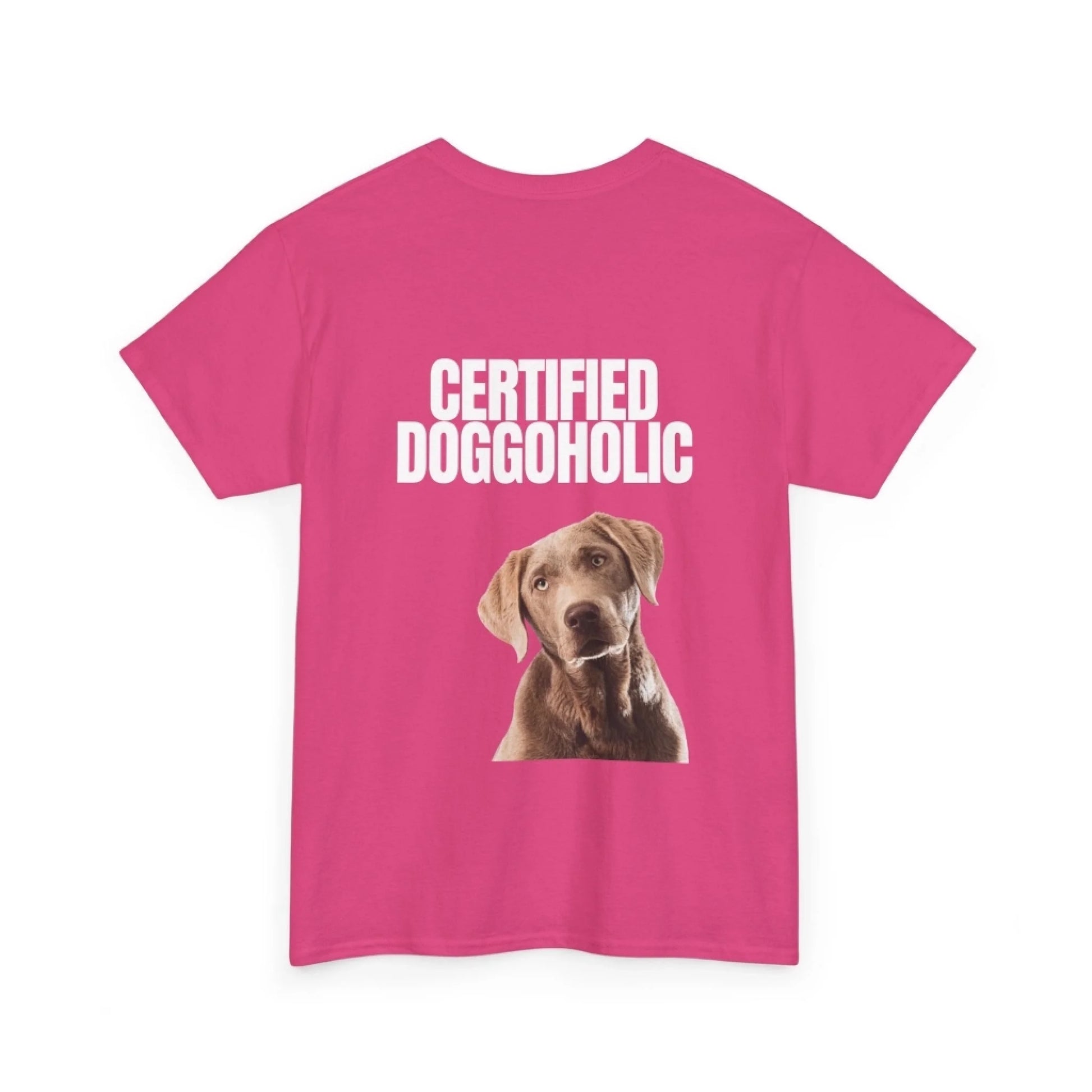 Custom Dog Tee Shirt, Certified Doggoholic, heliconia version