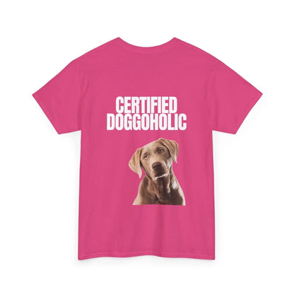 Custom Dog Tee Shirt, Certified Doggoholic, heliconia version